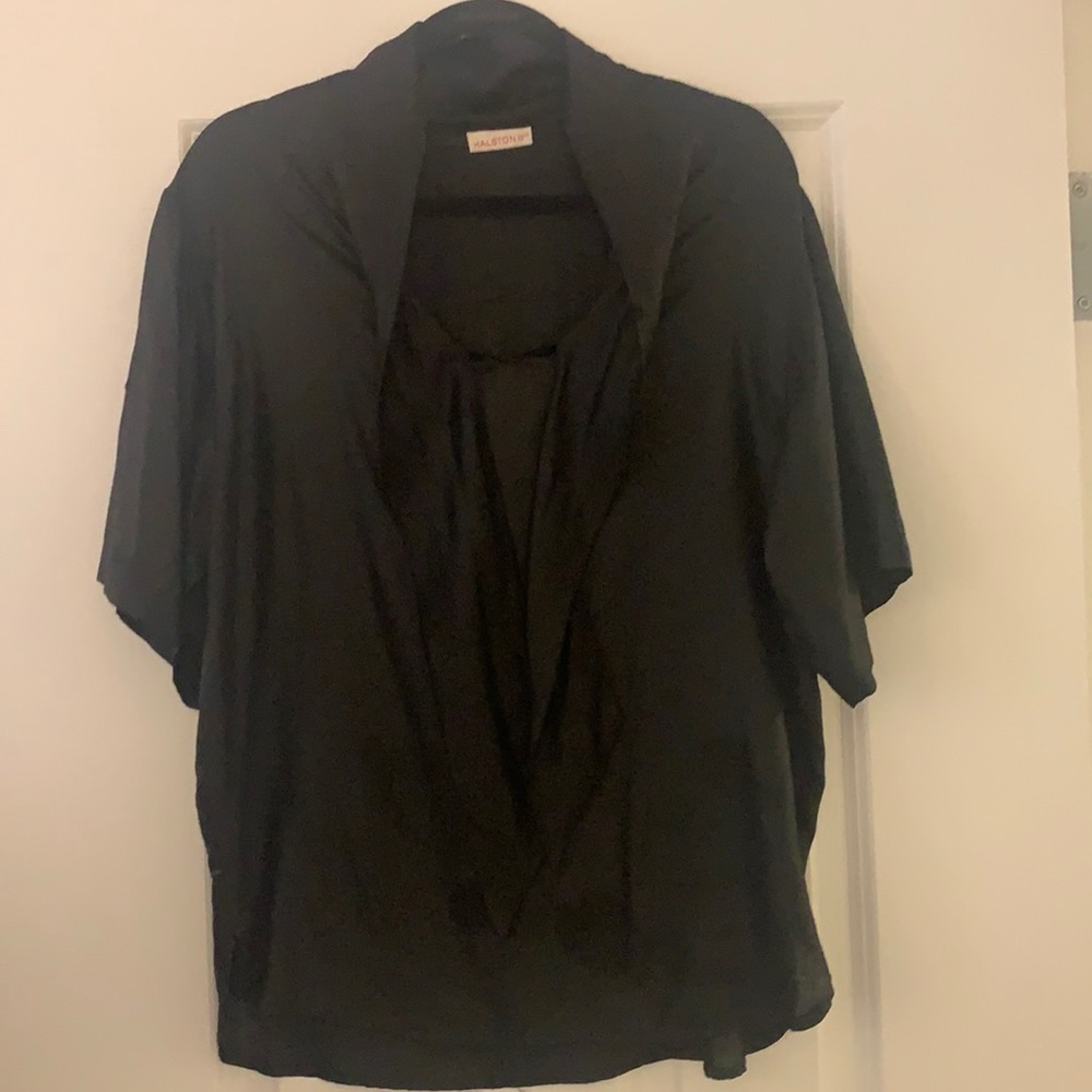 Classic Halston black linen top with tie